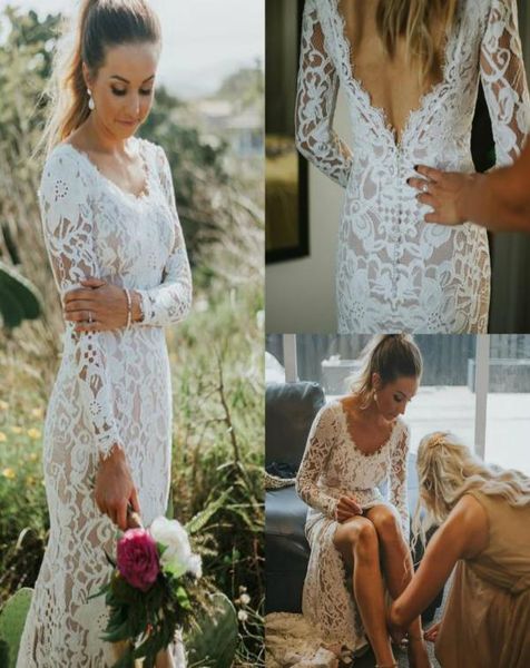 

gorgeous mermaid wedding dresses lace appliqued v neck backless bridal gowns custom plus size country long sleeve wedding dre6661612, White
