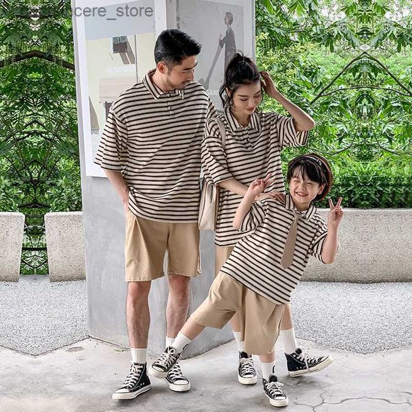 

family clothes sets parent-child fashion outfit dad and son boy matching t shirts tie shorts 2 piece set mom daughter clothes l230522, Blue