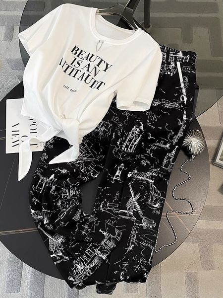 

women's tracksuits summer casual trousers two piece set outfit 2023 streetwear irregular letter t shirt wide leg pants short sleeve sui, Gray