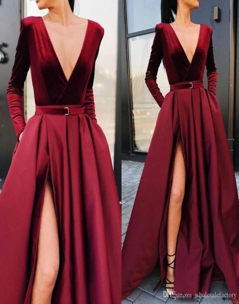 

2020 burgundy deep v neck satin high split prom dresses a line long sleeves ruched evening gowns with pockets4352828, Black