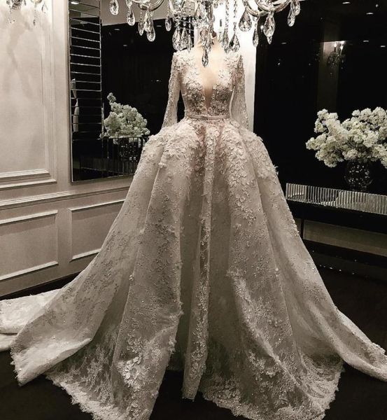 

luxury zuhair murad beads wedding dresses long sleeve 3d floral appliques lace bridal gowns plunging neckline ball gown wedding dr3307294, White