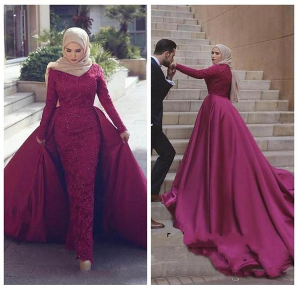 

2018 muslim long sleeves evening dresses with detachable train sheath lace beaded prom dress long arabic formal party wear7116241, Black;red