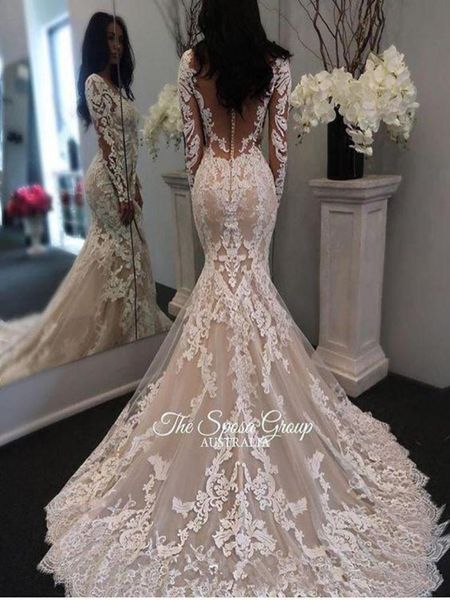 

mermaid wedding dresses with long sleeve 2018 modest sheer jewel neck covered button lace applique garden country bridal wedding g5322237, White