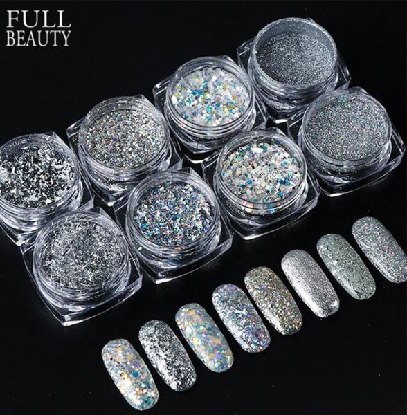 

8pcs sparkly nail glitter holographic nail art sequins flakes decorations for manicure polishing chrome pigment set ch1506138165930, Silver;gold