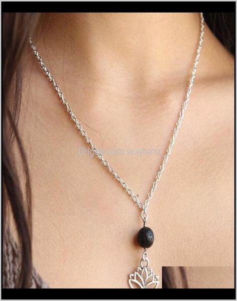 

pendants lavarock lotus aromatherapy essential oil diffuser necklaces natural black lava bead pendant necklace fashion8453734, Silver