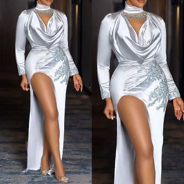 

glamorous mermaid prom dresses high neck hollow long sleeves satin side split backless zipper floor length custom made plus size party dress, Black