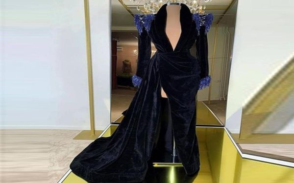 

velvet navy sheath blue evening gowns for women elegant v neck beads sequins feathers long sleevs prom dress side split robe de so2292778, Black;red