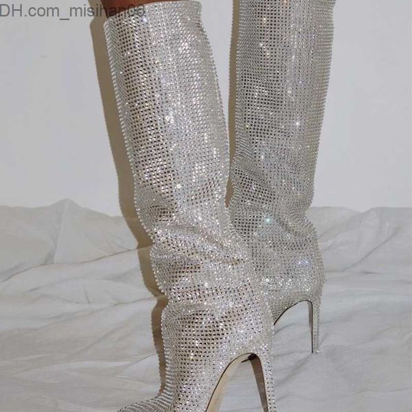 

boots boots crystal knee high women pointed genuine leather heel sleeve luxury shiny catwalk big size 220902 z230630, Black