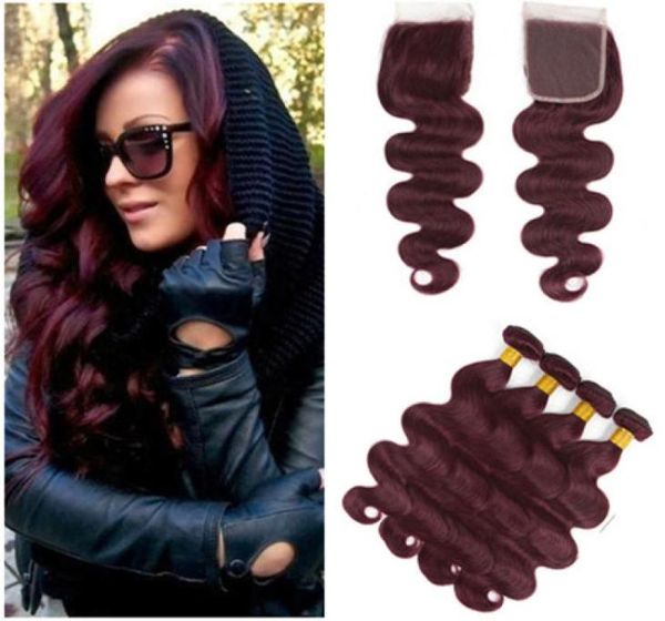 

virgin brazilian wine red human hair weaves with closure body wave 99j burgundy virgin human hair 4 bundles deals with 4x4 lace c4482246, Black