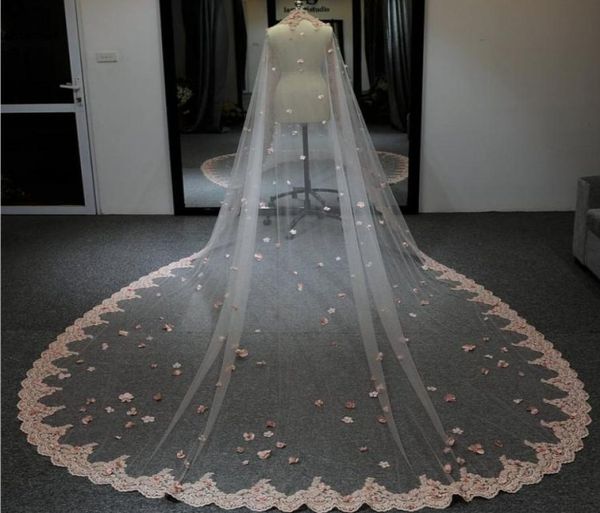

gorgeous pink 400cm wedding veil with lace floral appliques vestido de noiva longo custom made elegant bridal veil5101053, Black