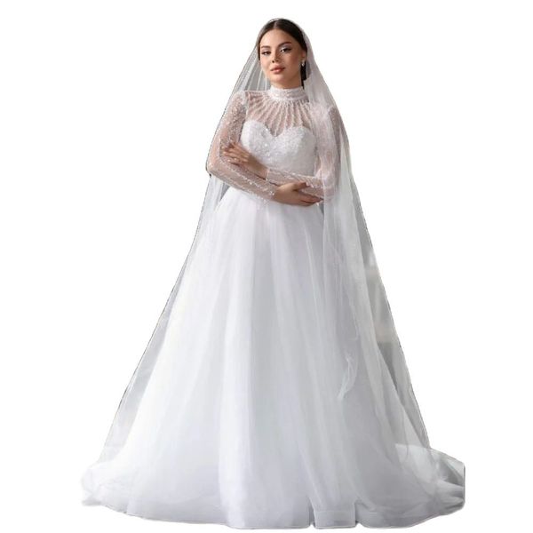 

luxury bead a line wedding dresses long sleeve sequin arabic dubai bridal gown tulle puffy robe de mariage, White