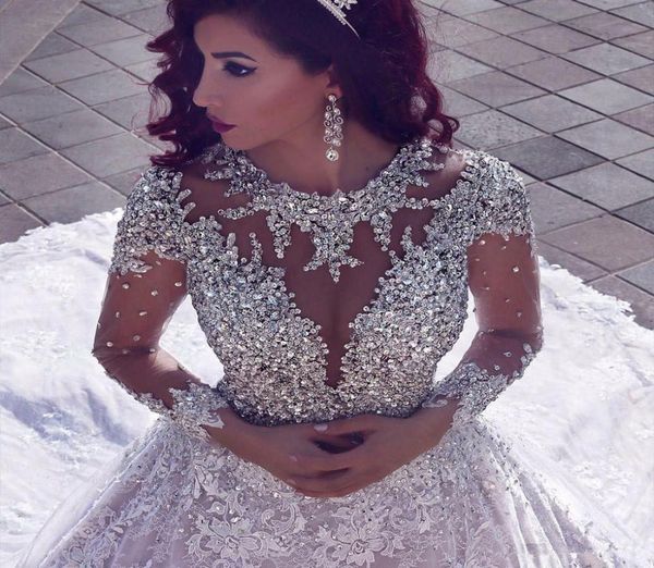 

princess long illusion sleeve crystal luxurious cathedral train ball gown wedding dress beading dubai arabic applique bridal backl5633624, White