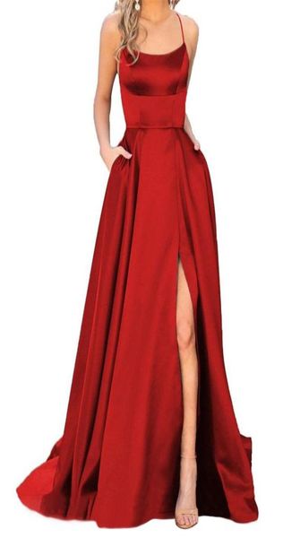 

real image elegant women039s halter satin long evening dresses with pockets aline criss cross open back side slit dinner party2110519, Black;red