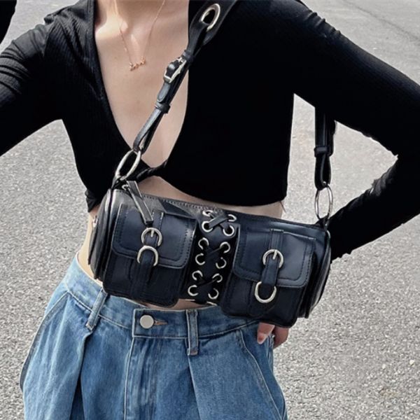 

evening bags vintage black women cylinder underarm double pocket design ladies shoulder bag fashion female pu leather purse handbags 230629