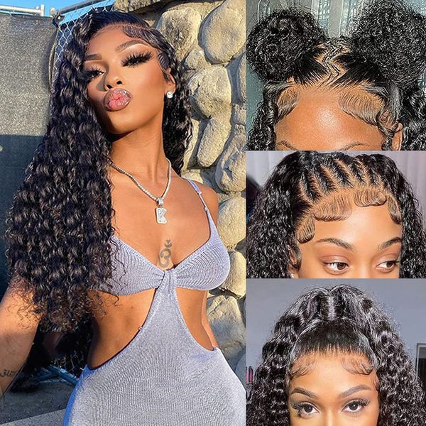 

curly human hair wigs for women 13x6 lace front wig lace closure wig hd deep wave lace frontal wig, Black;brown