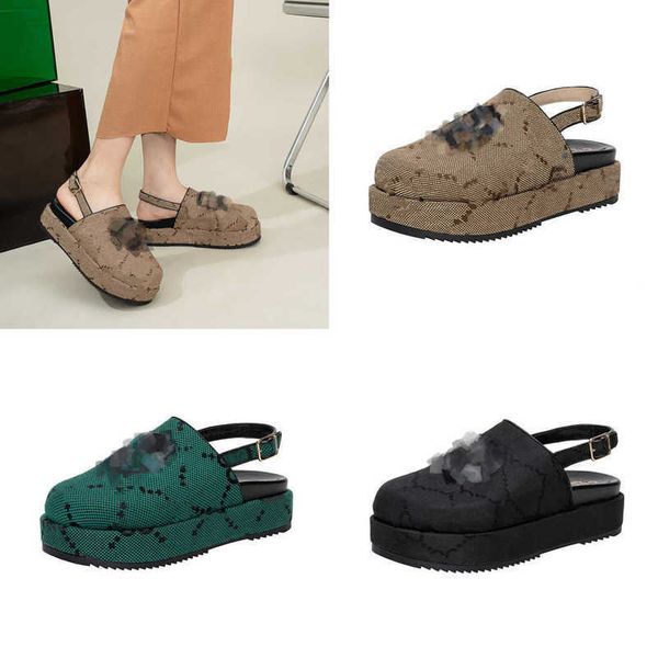 

designer jacquard embroidery sandal for woman 2023 summer platform slides monograms canvas slingback thick bottom ankle strap mules interloc, Black