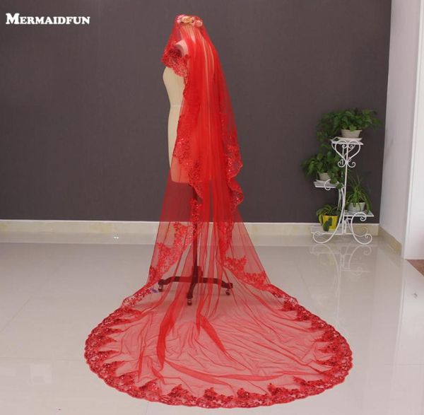 

bridal veils 2021 one layer lace appliques red long wedding veil without comb 3 meters voile mariage7942529, Black