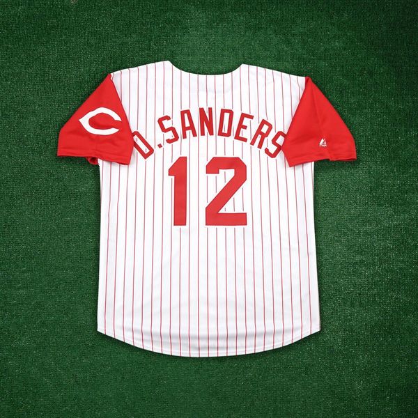 

1994 reds #12 deion sanders baseball cincinnati home white jersey w/ 125th anniv. patch size s-4xl, Blue;black