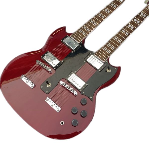 

double head electric guitar, 6+12 strings, wine red, chrome plated accessories,