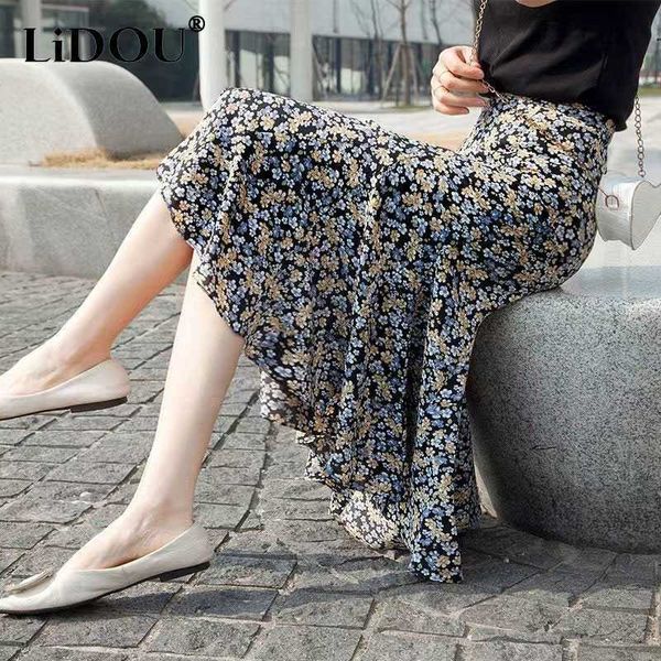 

summer vintage floral print aline skirts women elegant allmatch beach vacation casual fashion high waist skirt female clothes l230621, Black