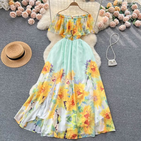 

beach resort style one line neck open shoulder lotus leaf edge printed dress with waist wrap style split chiffon long dress, Black;gray