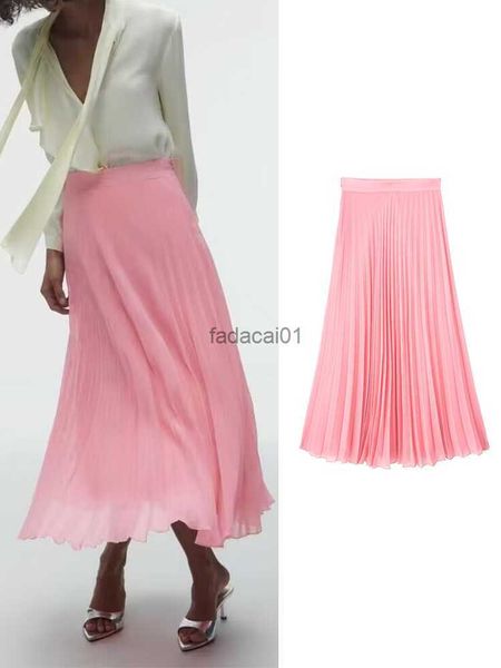 

2023 women spring summer elegant chic solid color pleated midi skirt high waist luxury fashion female pink skirts faldas mujer l230621, Black