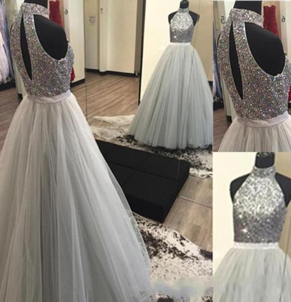 

2019 silver grey ball gown prom dresses highneck fully beaded bodice tulle skirt open back floor length prom party gowns for1722756, Black