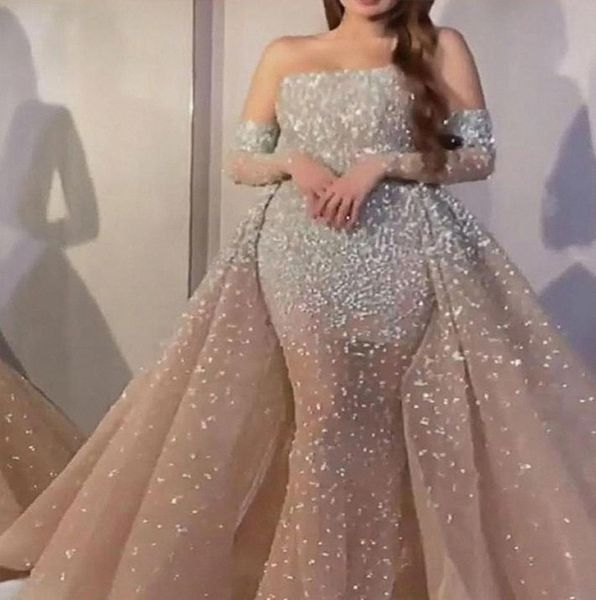 

2021 new pink evening dresses jewel neck beaded sequined lace long sleeve mermaid prom dress sweep train custom illusion robes de 6825076, Black