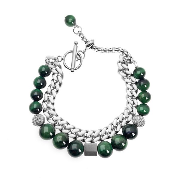 

men and women hip-hop fashion brand ins style adjustable length tiger's eye obsidian cuban chain double layered bracelet, Black