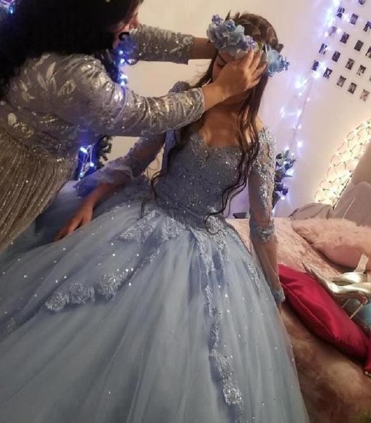 

princess 2020 blue tulle quinceanera dresses ball gown sheer long sleeve lace party prom debutante 15 sweet 16 dress vestidos de q8942901, Blue;red