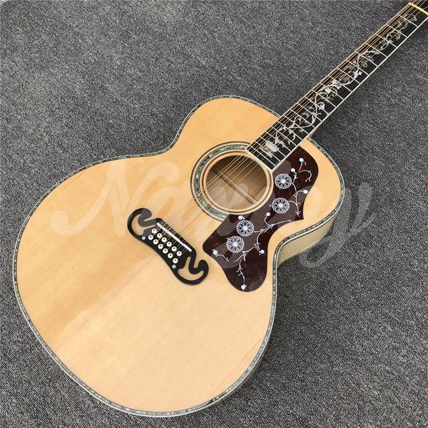 

solid spruce electric guitar, natural abalone fretboard, beige flame, giant body, 12-string, j200