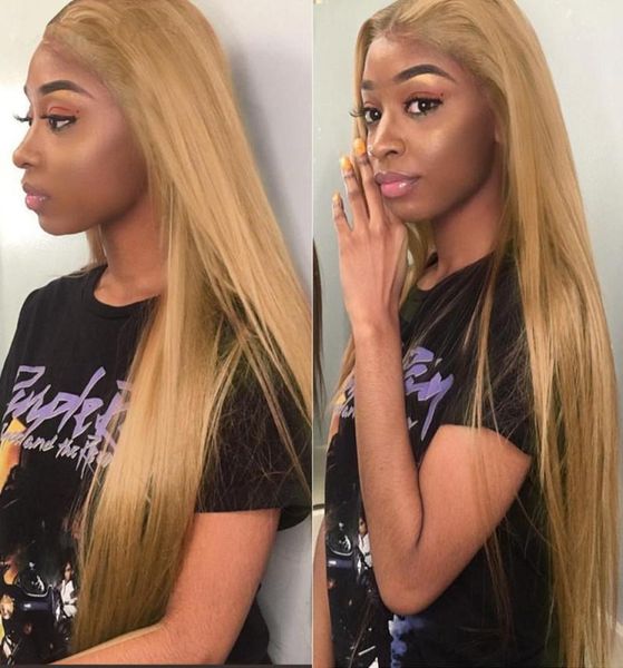 

silky straight 27 13x6 lace front wigs for black women virgin brazilian honey blonde hair glueless full lace human hair wigs baby2821726, Black;brown