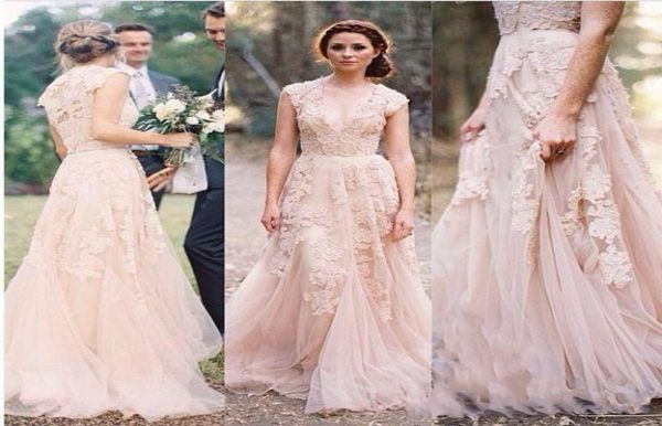 

vintage 2022 lace wedding dresses gowns champagne sweetheart ruffles cap sleeve deep v neck garden reem acra bridal gown5096479, White