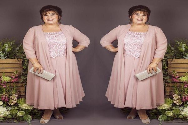 

light pink chiffon mother of the bride dresses elegant lace appliqued 34 sleeve groom pantsuit with jacket 2 pieces plus size8133053, Black;red