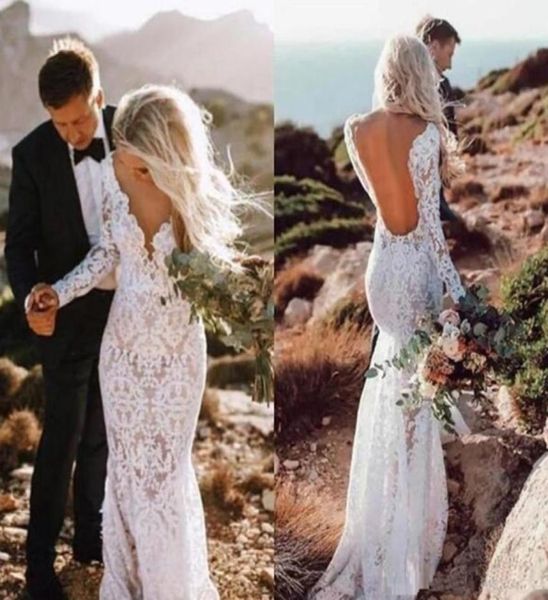 

2020 sell country farm wedding dresses full lace mermaid long sleeve backless summer garden bridal gowns boho robe de mar9613310, White