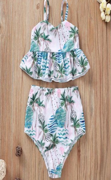

girl beach suspender belt sleeveless coconut palm print swim suit set baby vneck floral print swimwear suit two pieces kids summe2987653, Blue