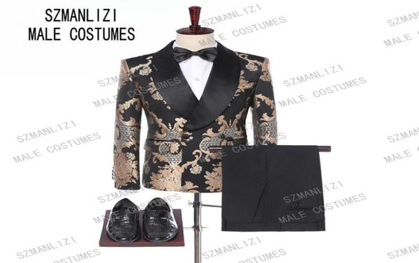 

new design 2019 custom made slim fit mens fashion gold embroidery dress suit double breasted wedding groom tuxedo costume5831628, Black;gray
