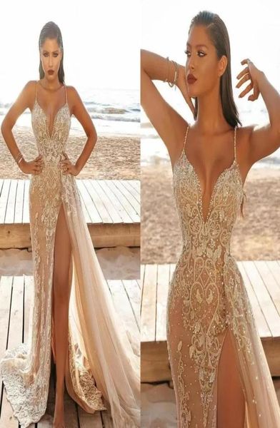 

2022 designer lace wedding dress gorgeous champagne bridal gowns appliqued thigh high slits spaghetti straps marriage dresses8513850, White