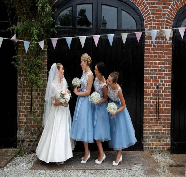 

2019 blue and white applique tea length bridesmaid dresses jewel neck sleeveless maid of honor party gowns test8716595, White;pink