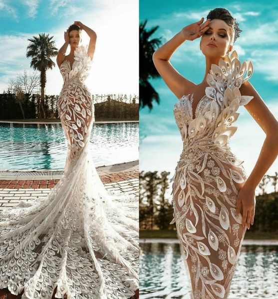 

2020 luxurious wedding dresses oneshoulder 3d appliques beads mermaid bridal gowns custom made sweep train wedding dress robes de2793998, White