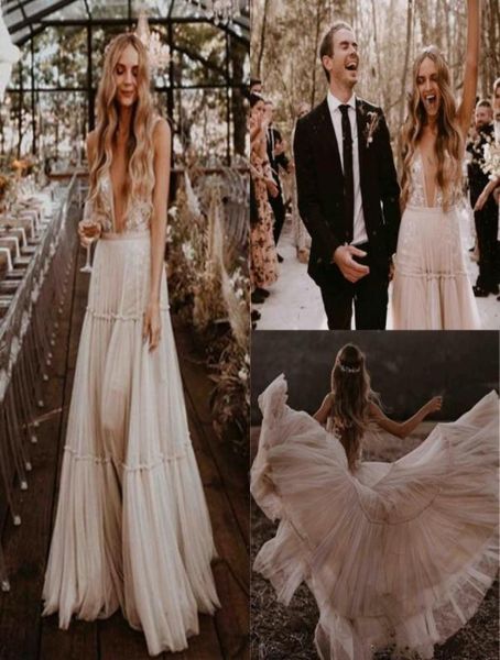 

new elegant deep vneck nude champagne long wedding dresses boho beach vintage lace bohemian wedding gowns backless vestido d7943691, White