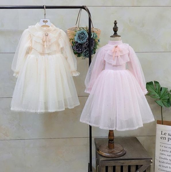 

autumn winter new kids lace princess dress children knitting high collar puff sleeve dress girls bow tie lace tulle dress a43928035325, Red;yellow