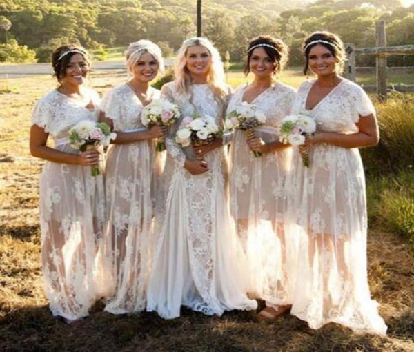 

summer bohemian sheer lace bridesmaid dresses v neck short sleeves plus size boho wedding party guest dress custom made maid of ho4538723, White;pink
