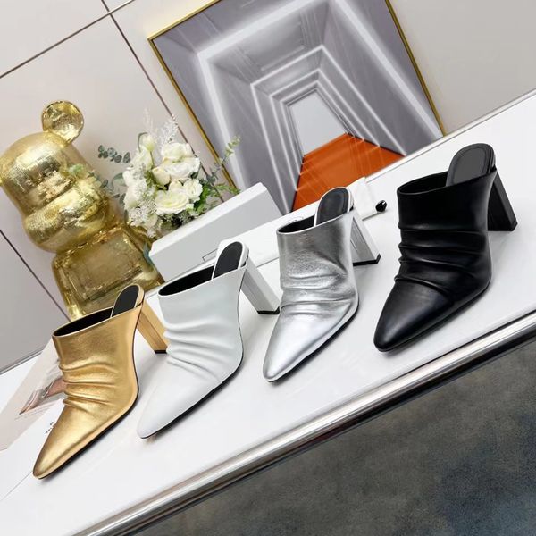 

full grain leather high heeled slippers women's mules cotton cloth booties sandals evening party shoes luxury designers high shoes fact, Black