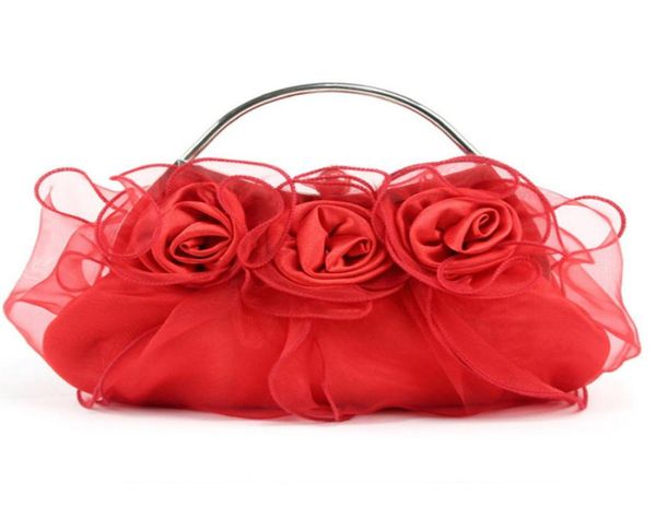 

handmade rose floral hand bag ruffles organza wedding bridal prom evening party clutch handbag lady purse peach red silver purple 2103535, Black