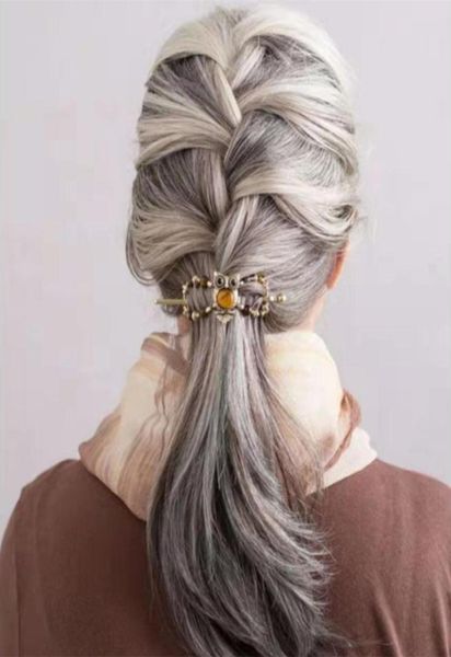 

silver grey human hair ponytail hairpiece wraps around dye natural hightlight salt and pepper gray hair ponytail french brai8649451, Black