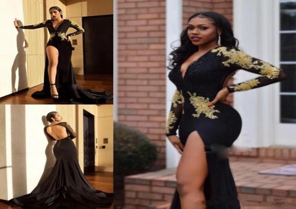 

black mermaid prom dresses with long sleeve 2018 deep vneck gold shiny lace applique trumpet slit occasion party evening gow1127030, Black;red