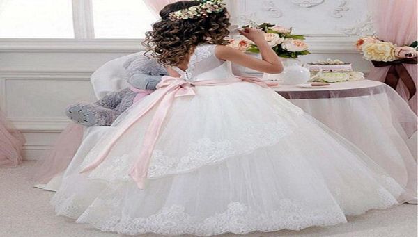 

princess ball gown white lace flower girls dresses for weddings 2017 tulle belt bow knot custom first communion dress gown9525268, White;blue
