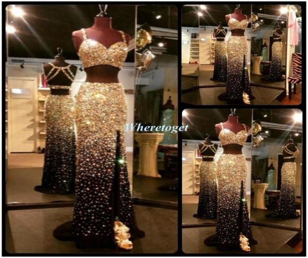 

gorgeous bling two piece prom dresses high split 2019 mermaid rhinestone prom gowns sparkly luxury formal evening dresses6894118, Black
