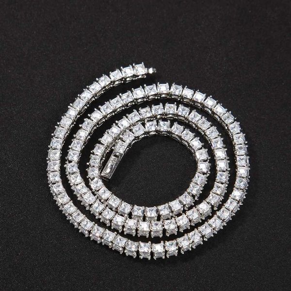 

3 sided square cubic zirconia tennis chain necklace for men iced out hip hop jewelry high quality, Silver